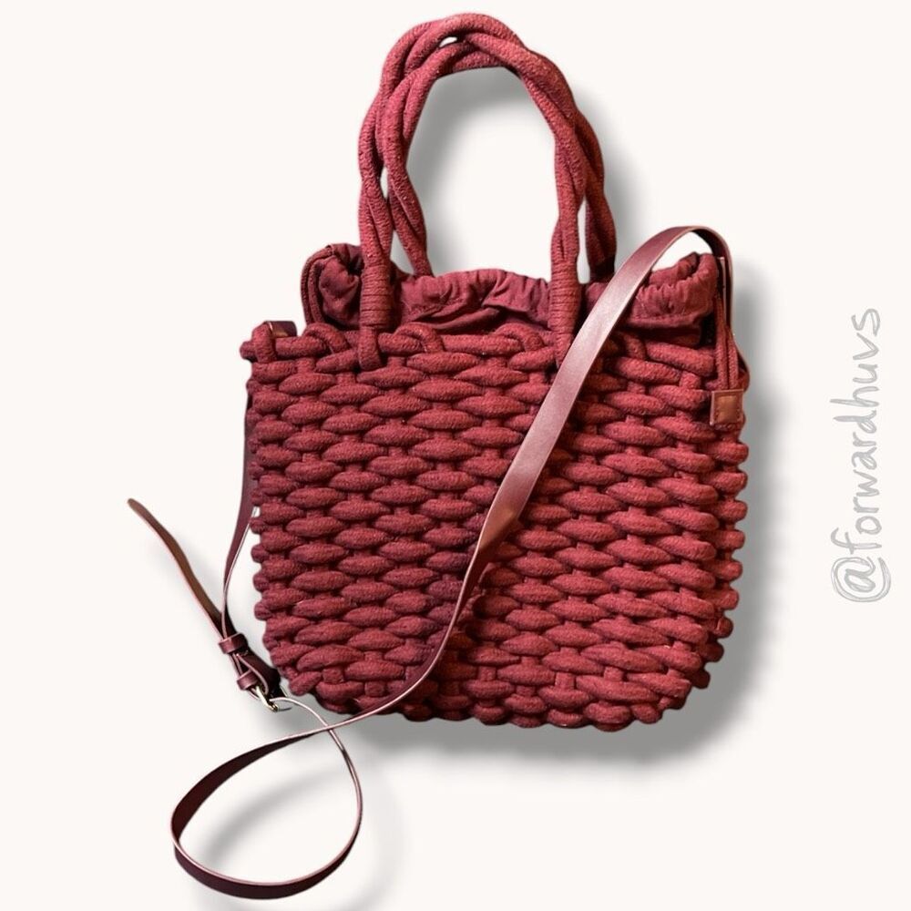 Zara Basic Woven Rope Tote Crossbody Bag Burgundy Drawstring Bucket Purse